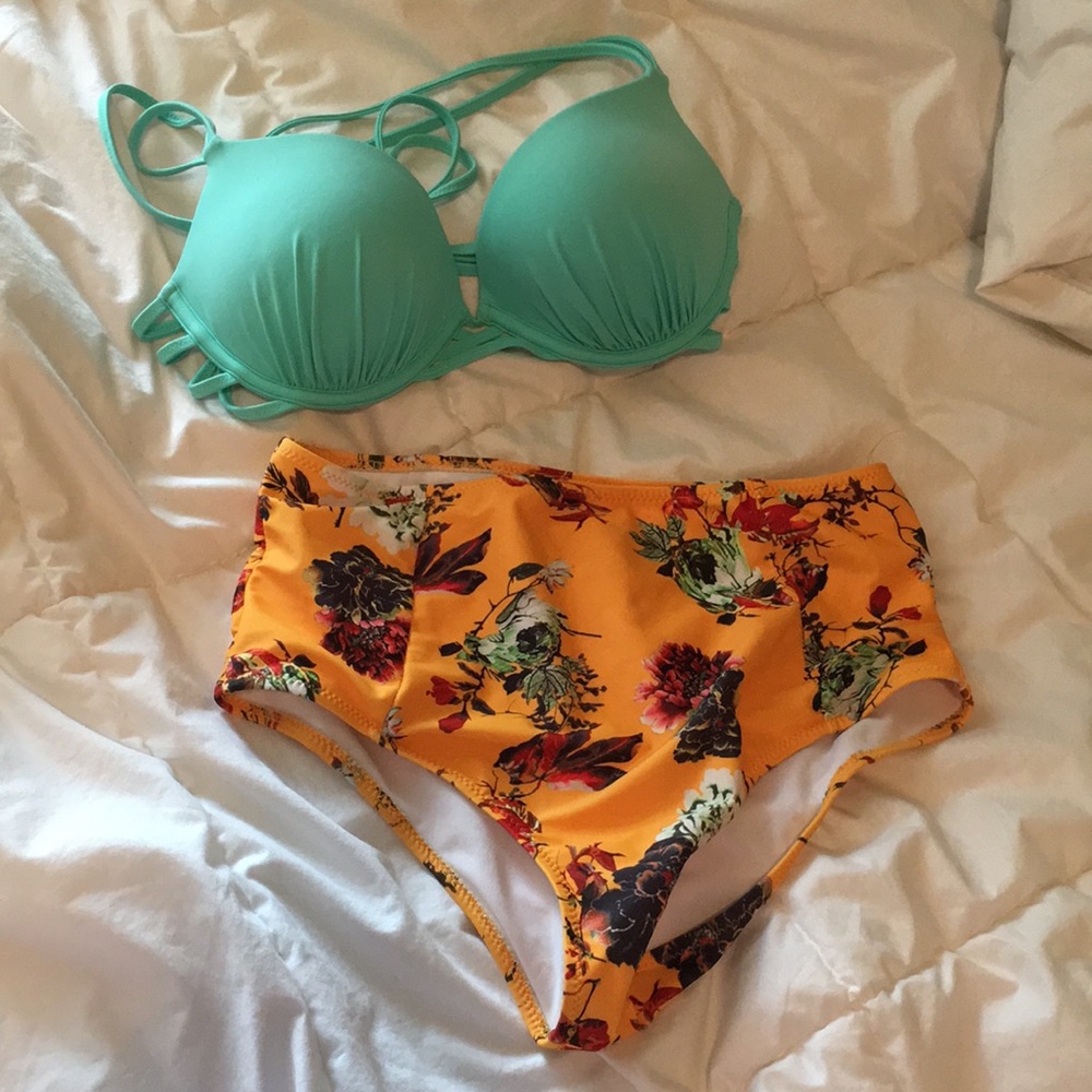 Floral yellow high-waisted bikini bottom